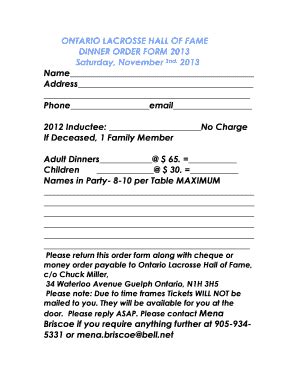 Fillable Online ONTARIO LACROSSE HALL OF FAME DINNER ORDER FORM 2013