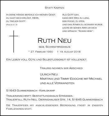 Traueranzeigen Von Ruth Neu Wirtrauern