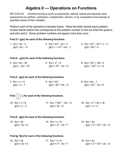 Algebra Ii Operations On Functions