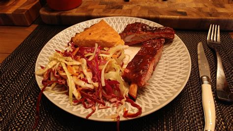 [homemade] Smoked Pork Spare Ribs Mustard Vinaigrette Coleslaw And Brown Butter Corn Bread Food