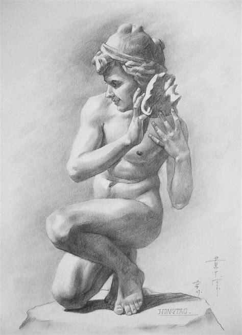 Original Charcoal Drawing Art Male Nude Boy On Paper