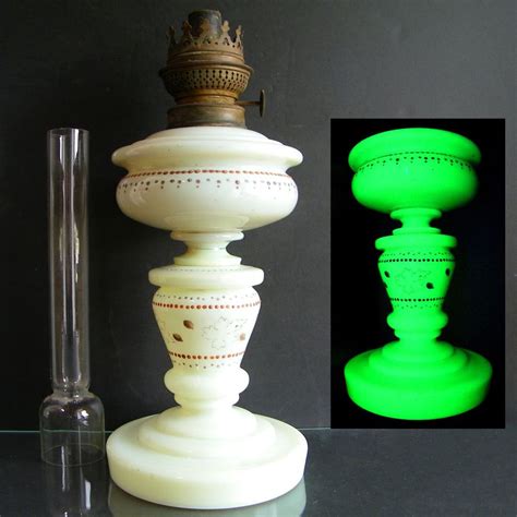 Antique Vaseline Uranium Milk Glass Oil Lamp Opaline Enamelled Lampe A Huile Oil Lamps Milk