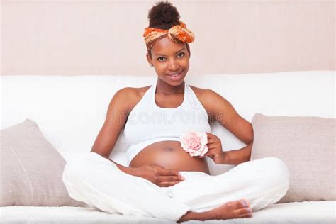 Young Pregnant Black Woman Touching Her Belly African People Stock