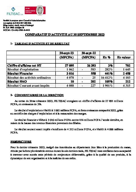 Rapport d activités 3ème trimestre 2023 FILTISAC CI Abidjan net