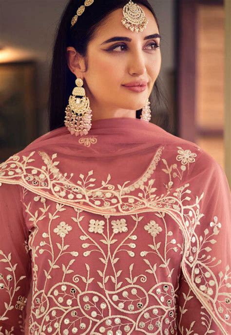 Buy Embroidered Net Abaya Style Suit In Old Rose Online KCH11903