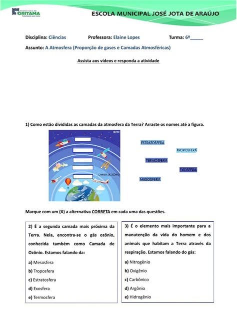 Atividades Camadas Da Atmosfera Retoedu