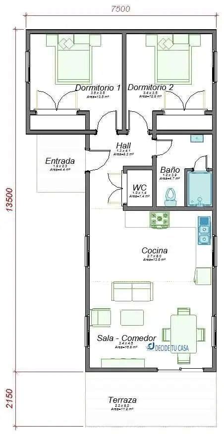 Plantas de Casa 2 Quartos Projeto de construção Solteiras