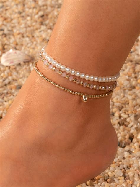 3pcs Faux Pearl Decor Beaded Anklet Beaded Anklets Ankle Jewelry