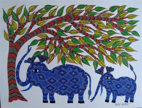 Elephants Bhil Pithora Painting X International Indian