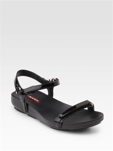 Prada Patent Leather Flat Sandals In Black Lyst