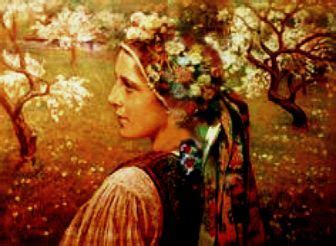 A Painting Of A Woman With Flowers In Her Hair And An Apple Tree Behind Her