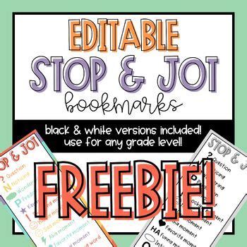 Editable Stop And Jot Bookmarks FREEBIE By The Kerney Classroom