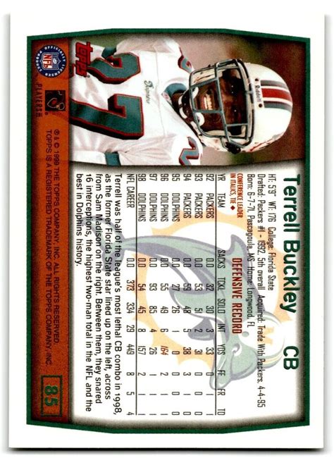 1999 Topps Collection Terrell Buckley Miami Dolphins 85 EBay