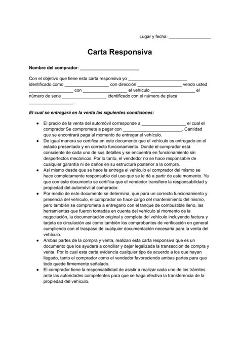 Carta Responsiva De Compra Venta De Auto Ejemplos