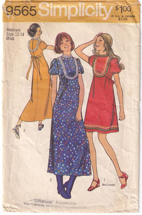 Vintage 1971 Simplicity 9565 Sewing Pattern Misses Dress In Two Lengths Size 12 14 Medium