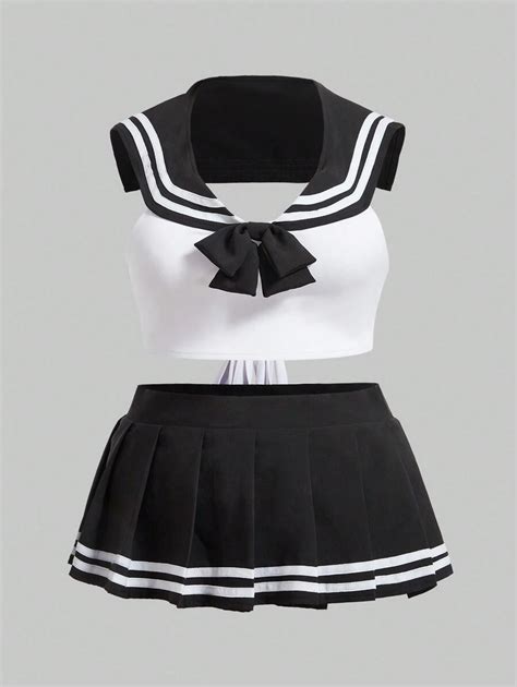 ROMWE Anime Plus Size Bowknot Detail Sailor Collar Stripe Sexy Lingerie