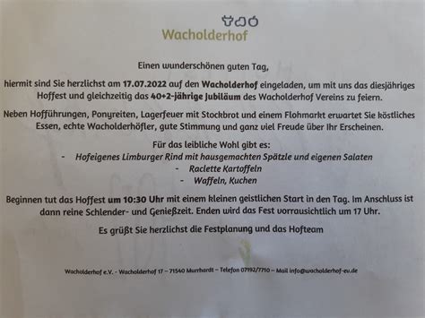 Einladung Zum Hoffest Am Juli Wacholderhof E V