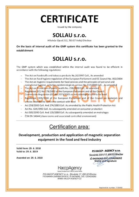 Certificates SOLLAU S R O Magnetic Separation