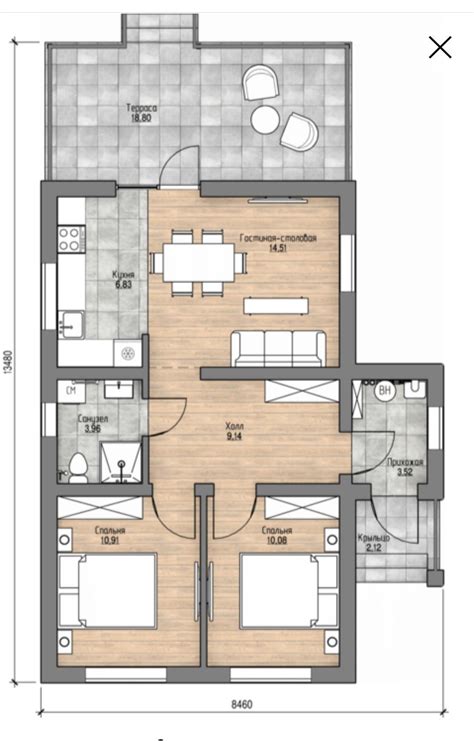 Two Bedroom Apartment Floor Plan With Attached Kitchen And Living Room