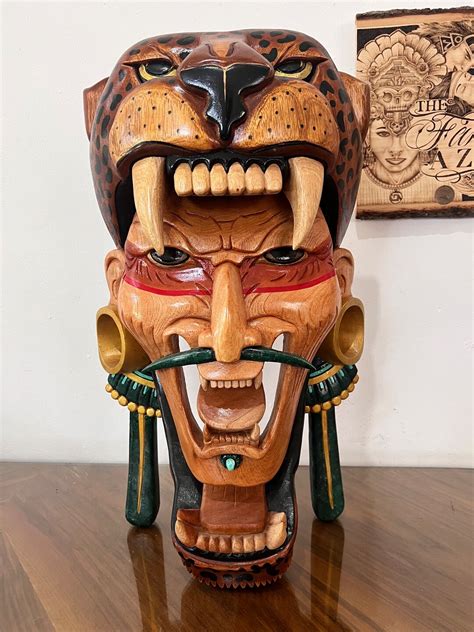 Two Foot Solid Cedar Hand Crafted Mayan Mask Aztec Jaguar Warrior War