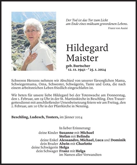 Todesanzeigen Von Hildegard Maister Todesanzeigen Vorarlberger