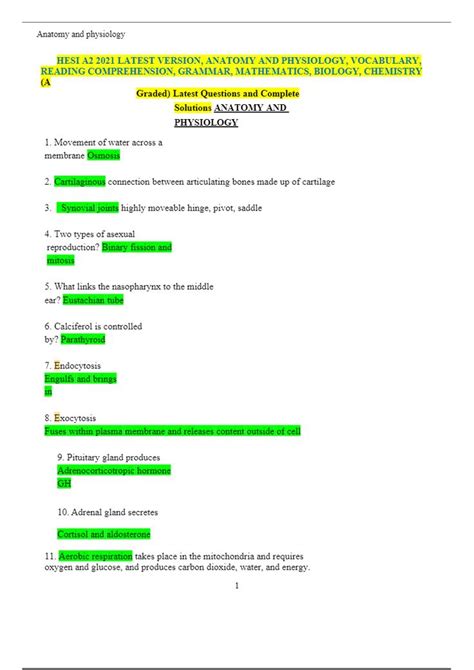 HESI A2 2021 LATEST VERSION ANATOMY AND PHYSIOLOGY VOCABULARY