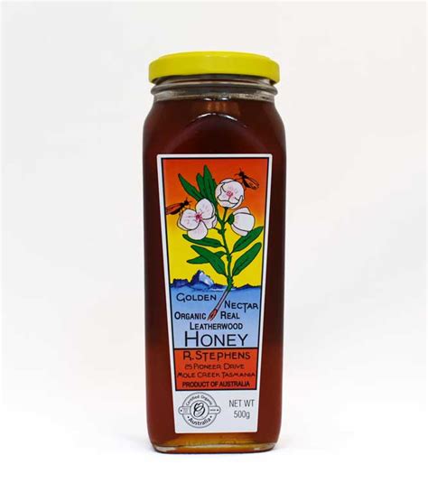 Leatherwood Golden Nectar Organic Honey R Stephens Apiarists 500g