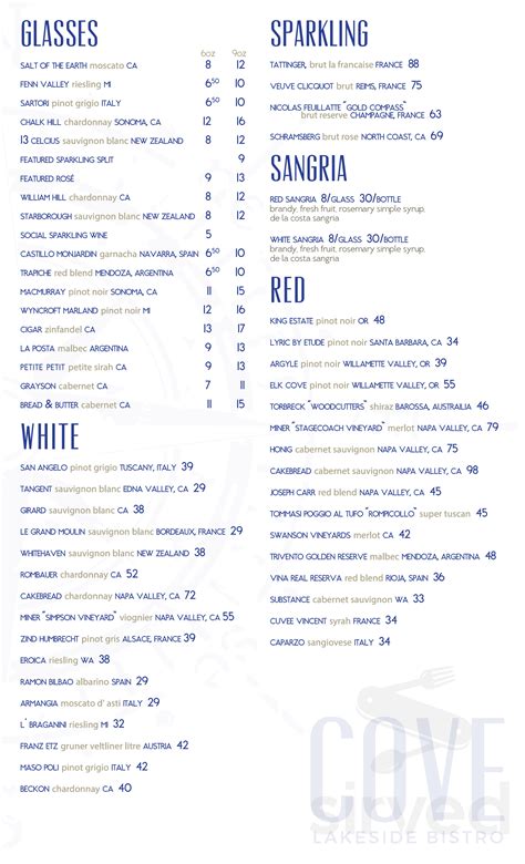 Cove Lakeside Bistro menus in Portage, Michigan, United States