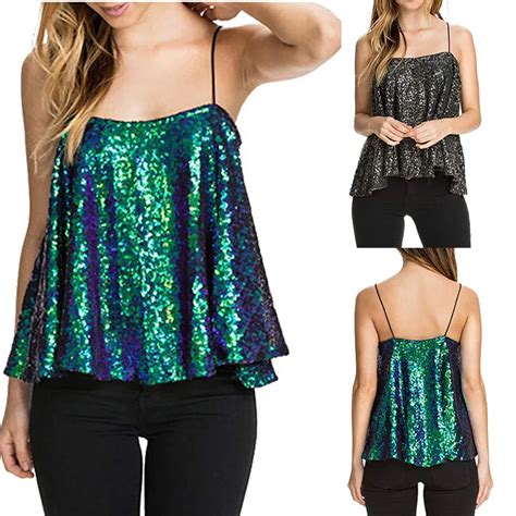 Sparkly Women Sleeveless Spaghetti Strap Sequins Cami Top Loose Ruffled