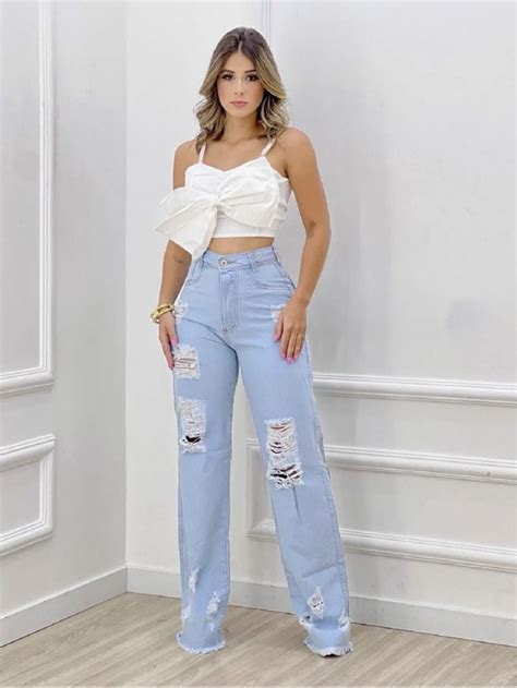 Calça Jeans wide leg pantalona destroyed Feminino SHEIN Brasil