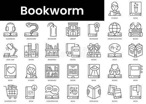 Set Of Outline Bookworm Icons Minimalist Thin Linear Web Icon Set