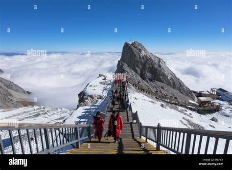 Tourists On Jade Dragon Snow Mountain Yulong Xueshan Lijiang Yunnan