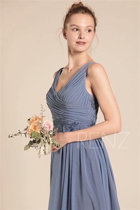 Bridesmaid Dress Steel Blue Chiffon Dress Wedding Dress Ruched Etsy