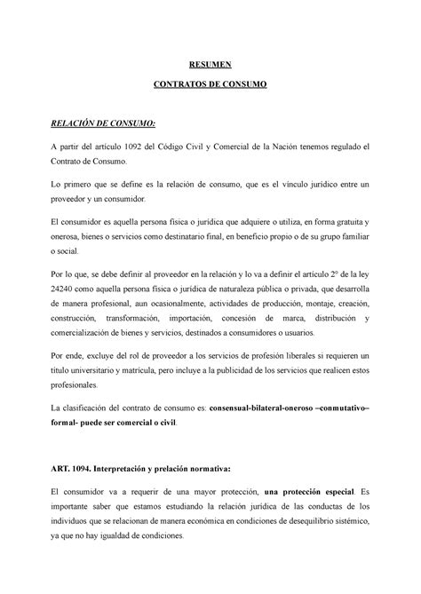 Resumen Contrato De Consumo Resumen Contratos De Consumo RelaciÓn De