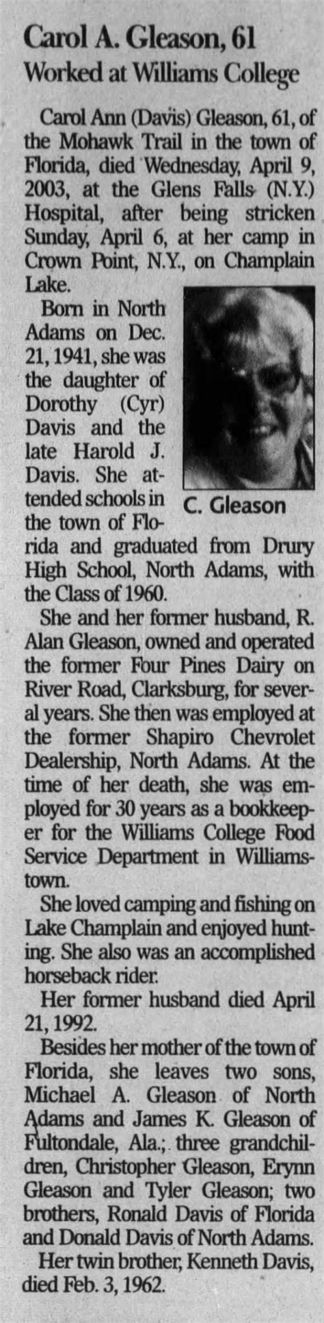 Carol Ann Davis Gleason 1941 2003 Memorial Find A Grave