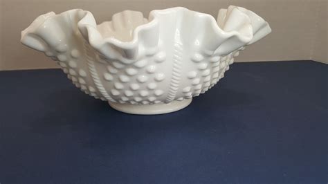 Vintage Fenton Milk Glass Ruffled Bowl With Hobnail Pattern Etsy