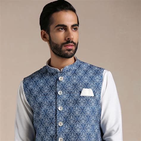 Nehru Jacket For Men Buy Brilliant Blue Ethnic Print Half Jacket