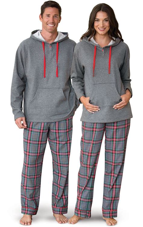 Gray Plaid Hooded His And Hers Matching Pajamas In His And Hers Matching Couples Pajamas Matching