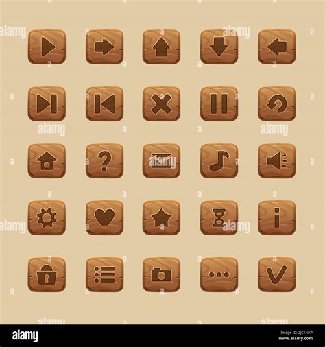 Wooden Game UI Buttons Cartoon Home Screen Interface And Menu Icons