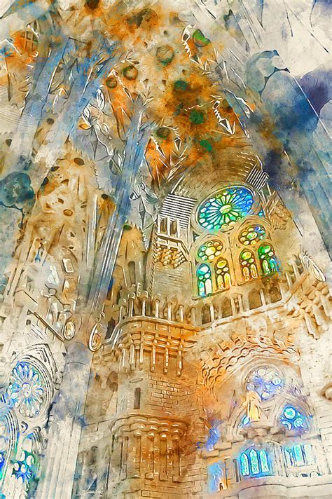 Barcelona Sagrada Familia Watercolor Painting By Am Fineartprints