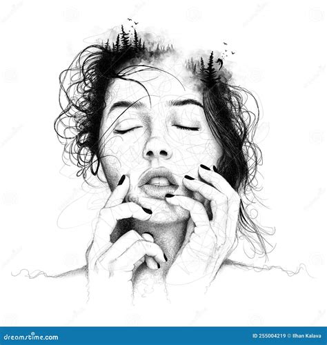 Black White Melancholic Girl Digital Drawing Stock Illustration