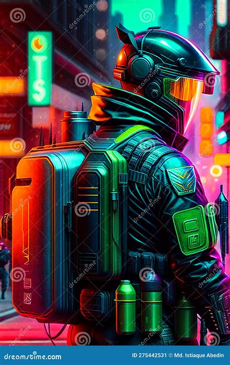 Cyberpunk Robot Wearing Futuristic Tactical Outfit On The Dystopian