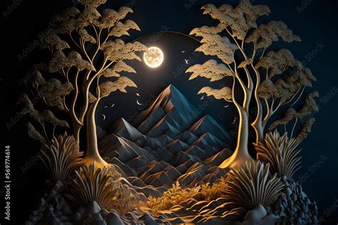 3d Modern Art Mural Wallpaper With Night Landscape With Dark Mountains