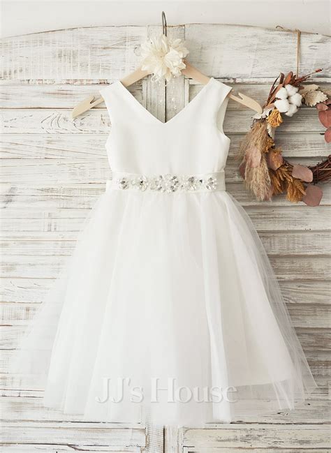 A Line Knee Length Flower Girl Dress Satin Tulle Sleeveless V Neck