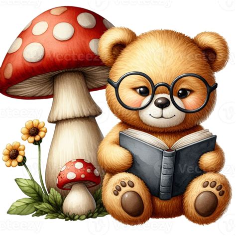 Ai Generated A Cute Teddy Bear Reading A Book Under A Mushroom 42156062 Png