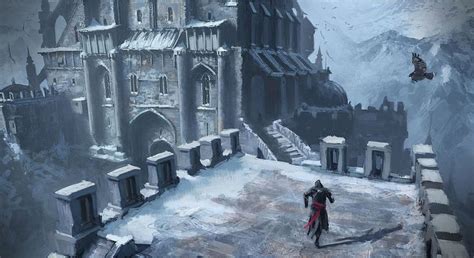 An Image Of A Man Standing In Front Of A Castle With Snow On The Ground