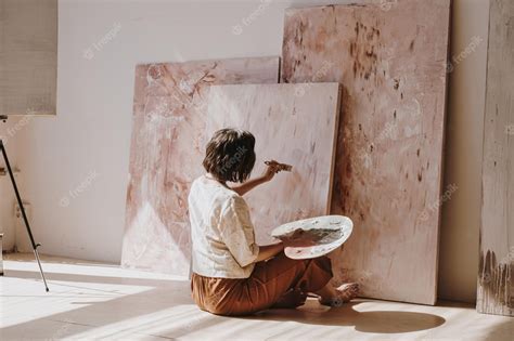 Premium Photo | Young woman artist painting abstract picture in studio ...