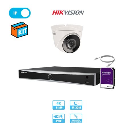 Kit vidéosurveillance 1 caméra dôme réseau Hikvision IP PoE 8 MP 4K