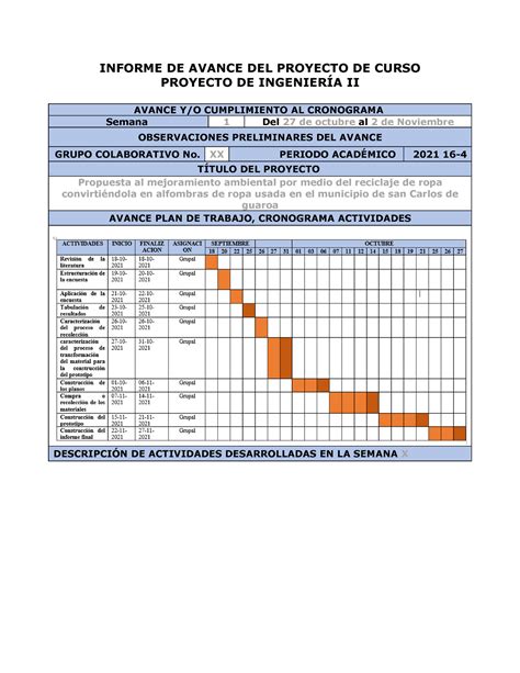 Formato Informe Semanal De Avance 3 INFORME DE AVANCE DEL PROYECTO DE