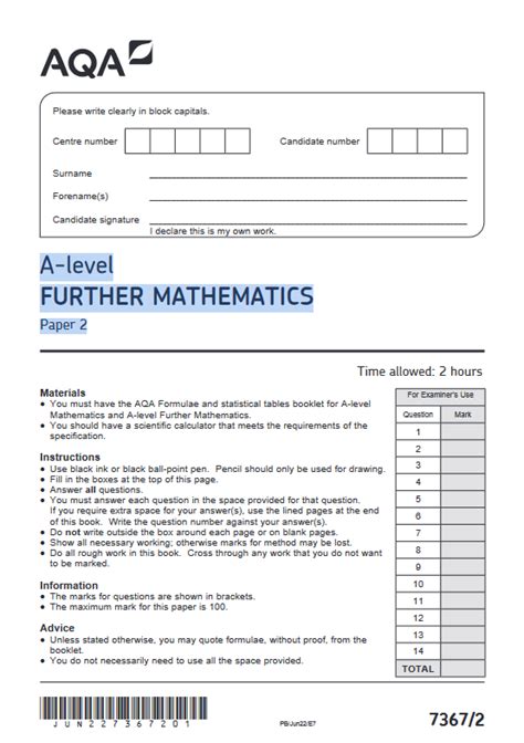 Aqa A Level Further Mathematics Paper 2 Mark Scheme 2022